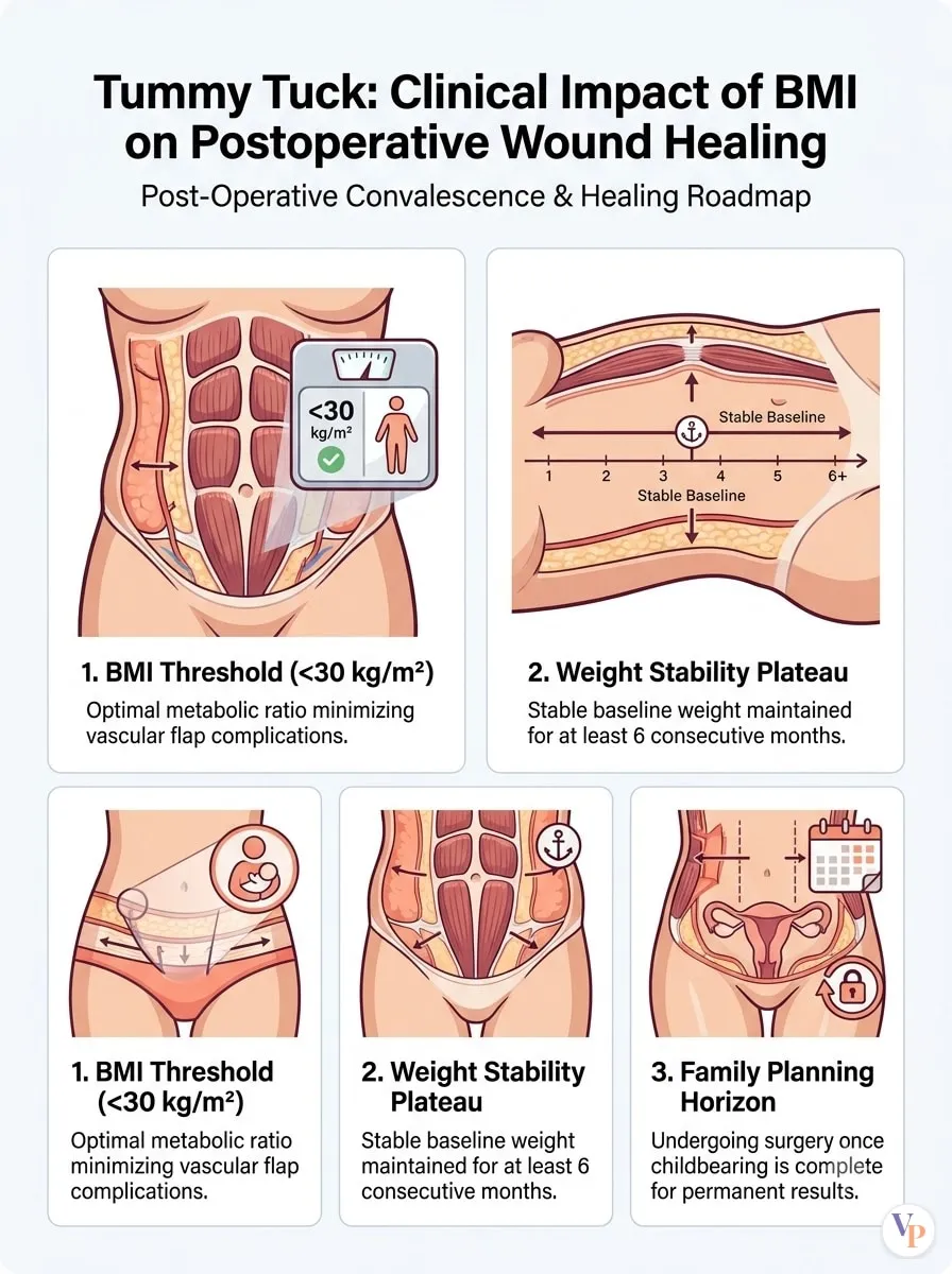 Medical schematic diagram illustrating Clinical Impact of BMI on Postoperative Wound Healing in tummy tuck surgery by Dr. Vishal Purohit in Jaipur