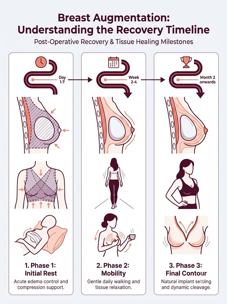 Medical schematic diagram illustrating clinical risks and long-term recovery in breast augmentation surgery by Dr. Vishal Purohit in Jaipur