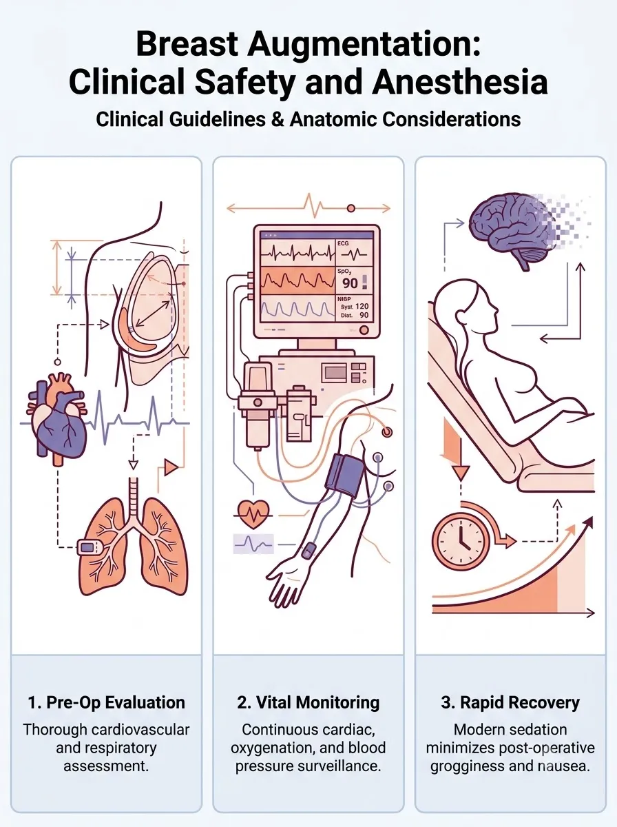 Medical schematic diagram illustrating clinical safety and anesthesia management for dual-site surgery in breast augmentation surgery by Dr. Vishal Purohit in Jaipur