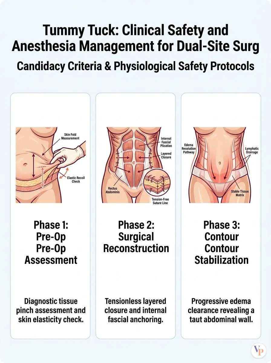 Medical schematic diagram illustrating Clinical Safety and Anesthesia Management for Dual-Site Surgery in tummy tuck surgery by Dr. Vishal Purohit in Jaipur