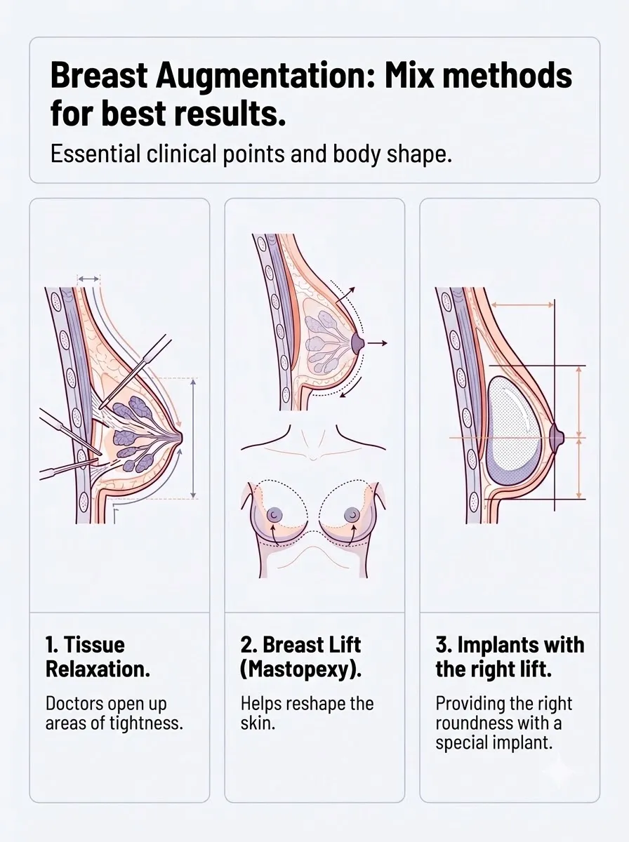 Medical schematic diagram illustrating combination procedures for optimal correction in breast augmentation surgery by Dr. Vishal Purohit in Jaipur