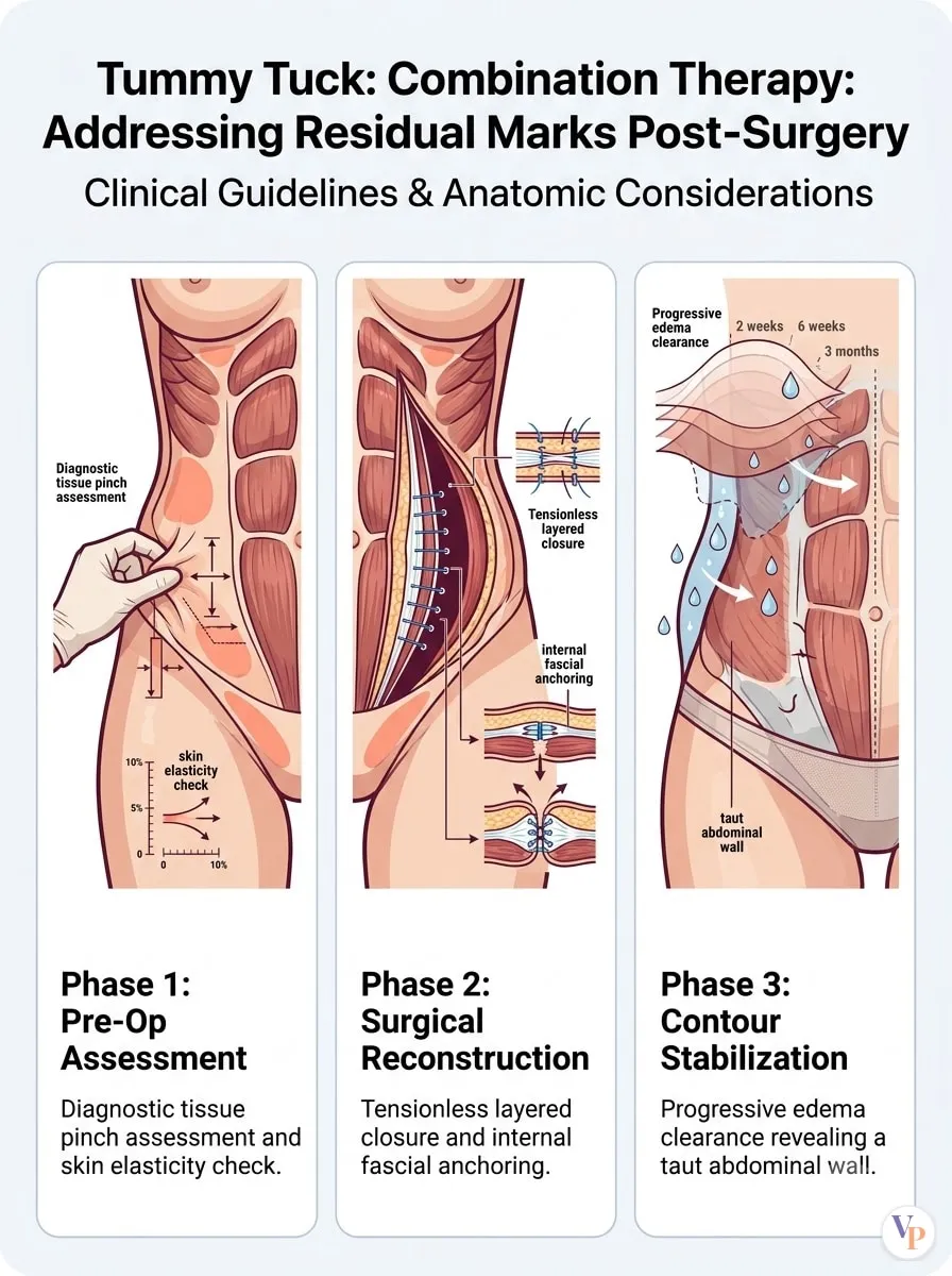 Medical schematic diagram illustrating Combination Therapy: Addressing Residual Marks Post-Surgery in tummy tuck surgery by Dr. Vishal Purohit in Jaipur