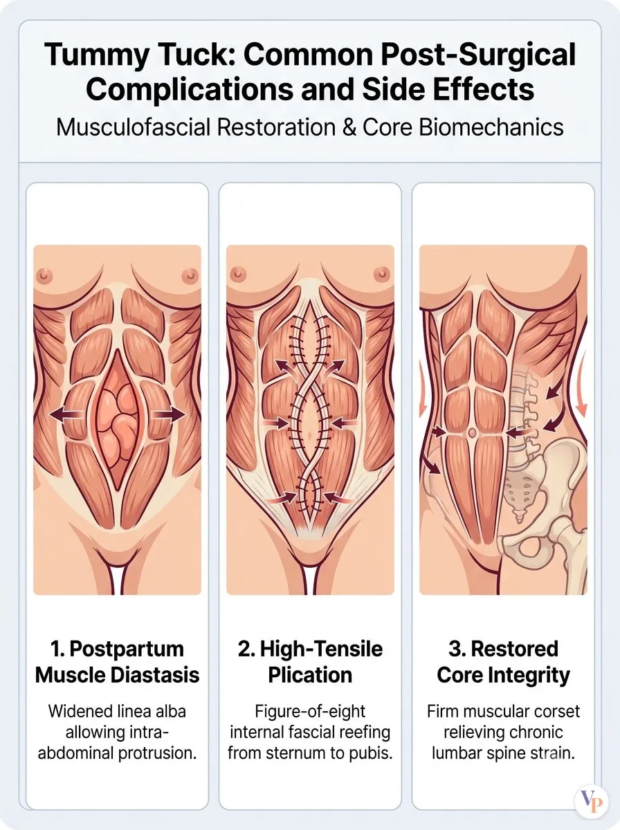 Medical schematic diagram illustrating Common Post-Surgical Complications and Side Effects in tummy tuck surgery by Dr. Vishal Purohit in Jaipur