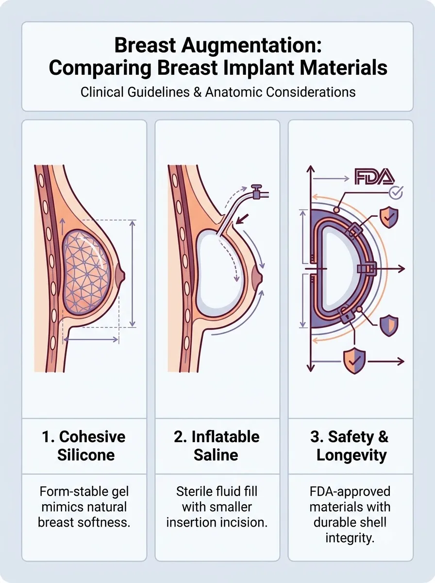 Medical schematic diagram illustrating comparing breast implant materials and compositions in breast augmentation surgery by Dr. Vishal Purohit in Jaipur