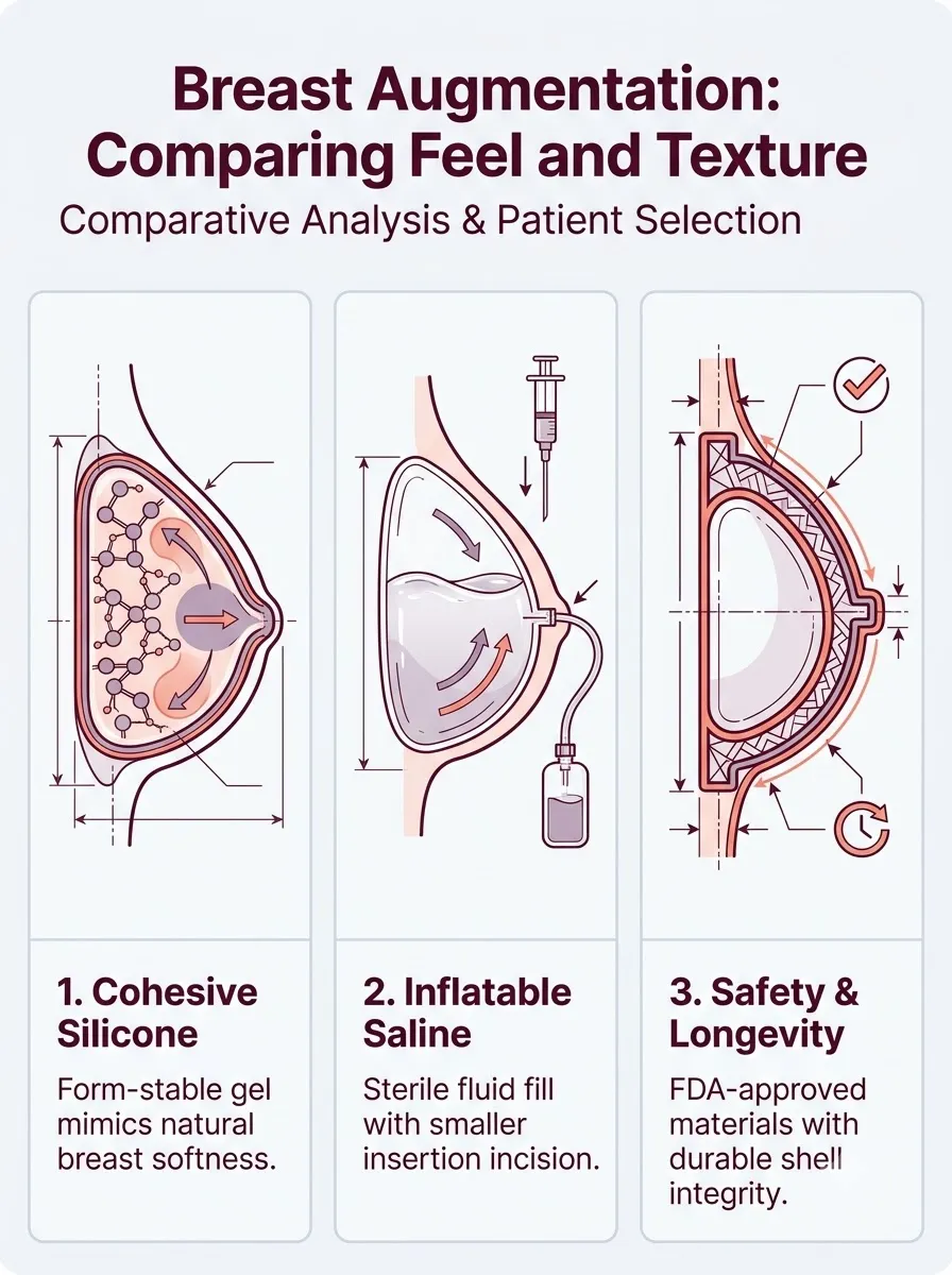 Medical schematic diagram illustrating comparing feel and texture: naturalism vs. firmness in breast augmentation surgery by Dr. Vishal Purohit in Jaipur