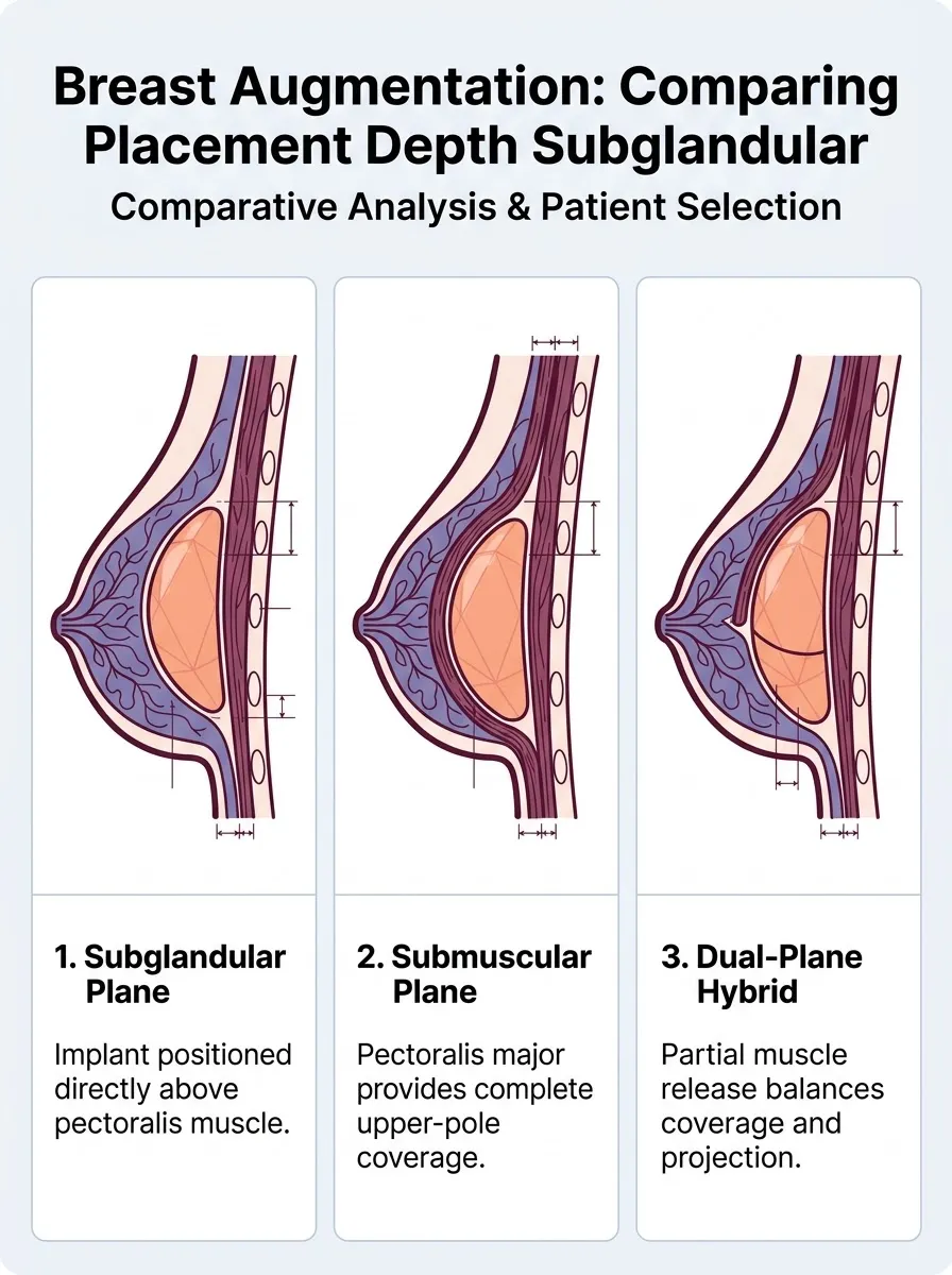 Medical schematic diagram illustrating comparing placement depth: subglandular vs. submuscular in breast augmentation surgery by Dr. Vishal Purohit in Jaipur