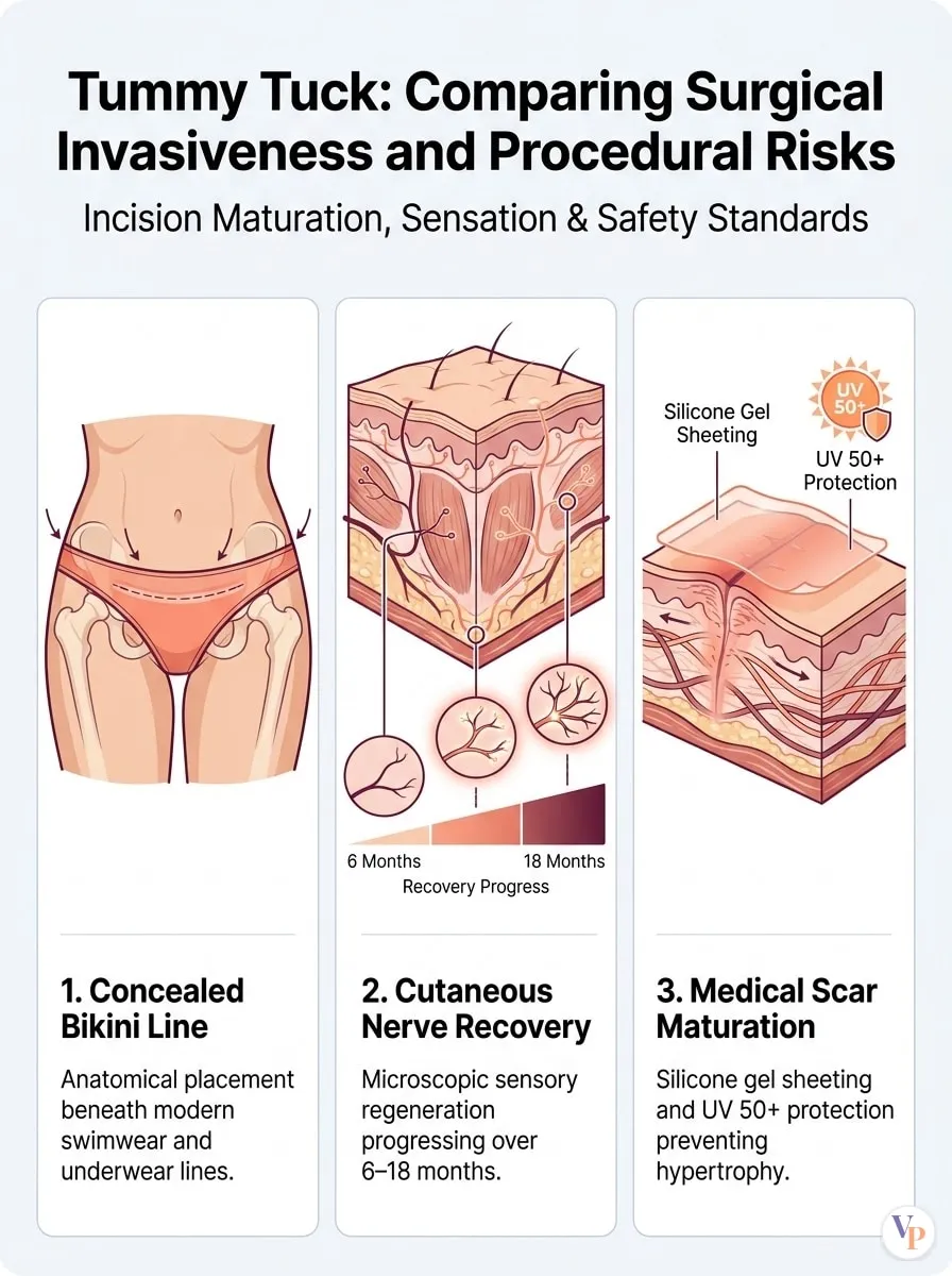 Medical schematic diagram illustrating Comparing Surgical Invasiveness and Procedural Risks in tummy tuck surgery by Dr. Vishal Purohit in Jaipur