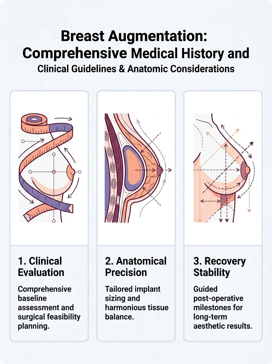 Medical schematic diagram illustrating comprehensive medical history and comorbidity review in breast augmentation surgery by Dr. Vishal Purohit in Jaipur