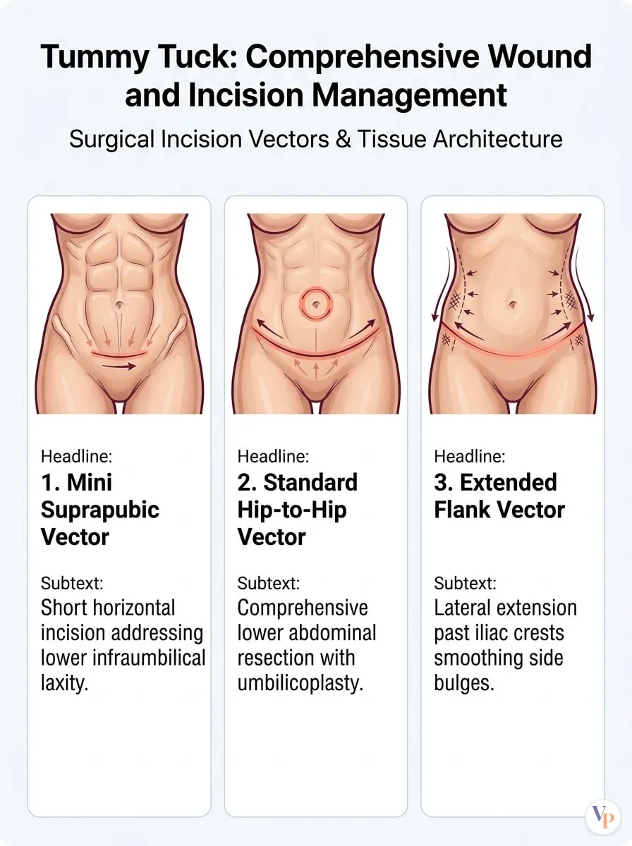 Medical schematic diagram illustrating Comprehensive Wound and Incision Management in tummy tuck surgery by Dr. Vishal Purohit in Jaipur