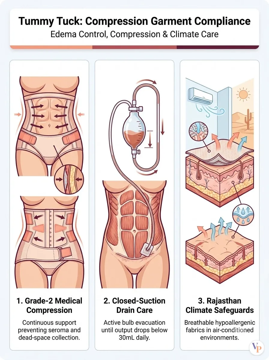 Medical schematic diagram illustrating Compression Garment Compliance in tummy tuck surgery by Dr. Vishal Purohit in Jaipur