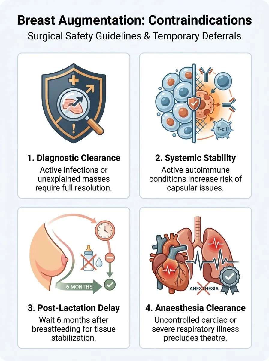Medical schematic diagram illustrating contraindications when not recommended in breast augmentation surgery by Dr. Vishal Purohit in Jaipur