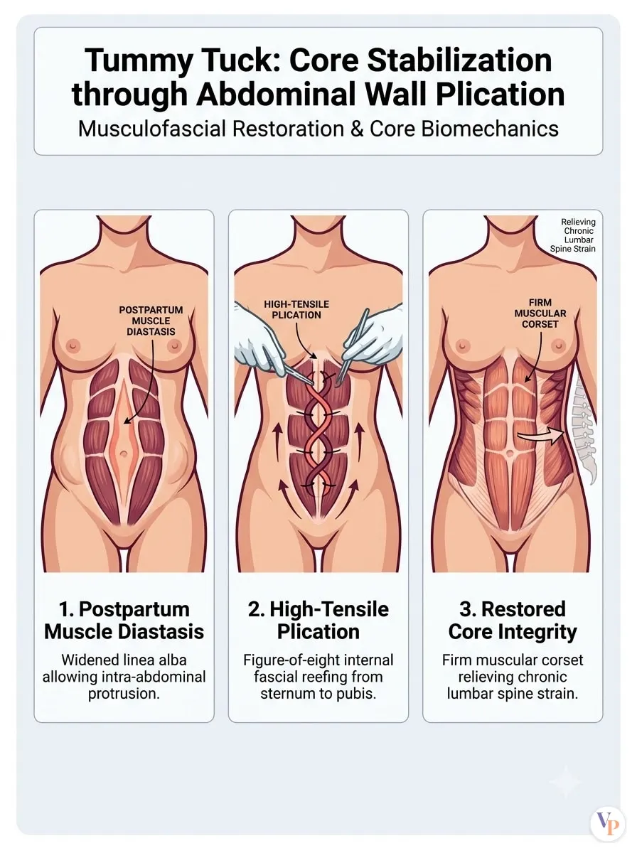 Medical schematic diagram illustrating Core Stabilization through Abdominal Wall Plication in tummy tuck surgery by Dr. Vishal Purohit in Jaipur