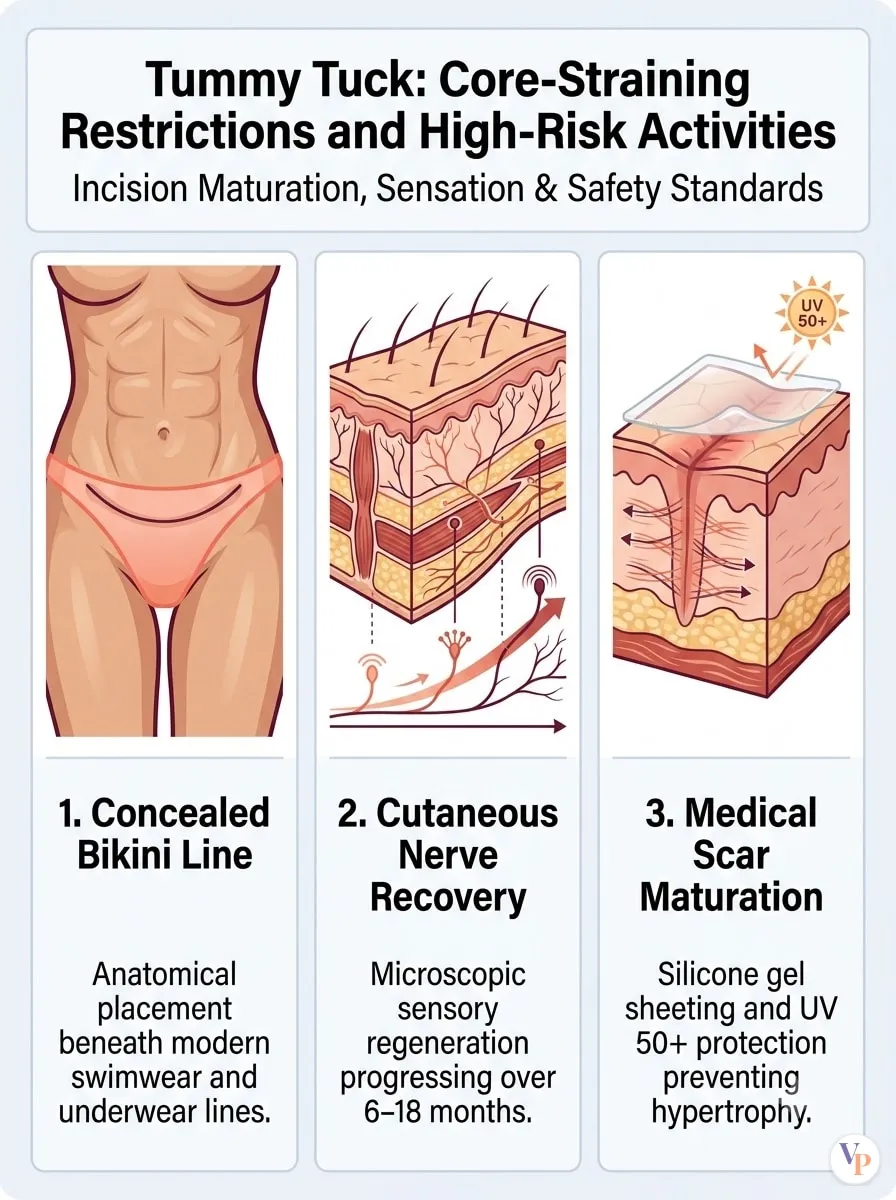 Medical schematic diagram illustrating Core-Straining Restrictions and High-Risk Activities in tummy tuck surgery by Dr. Vishal Purohit in Jaipur