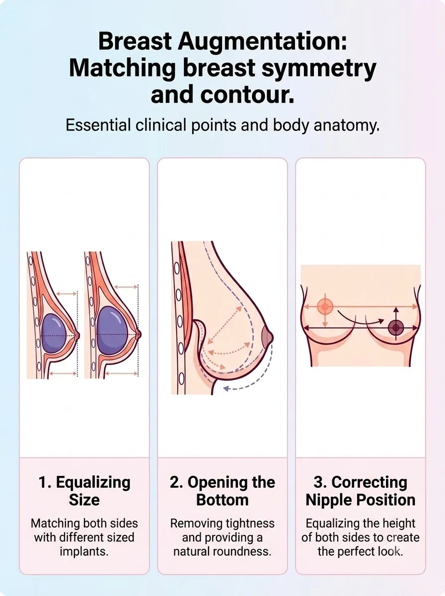 Medical schematic diagram illustrating correcting breast asymmetry with augmentation in breast augmentation surgery by Dr. Vishal Purohit in Jaipur