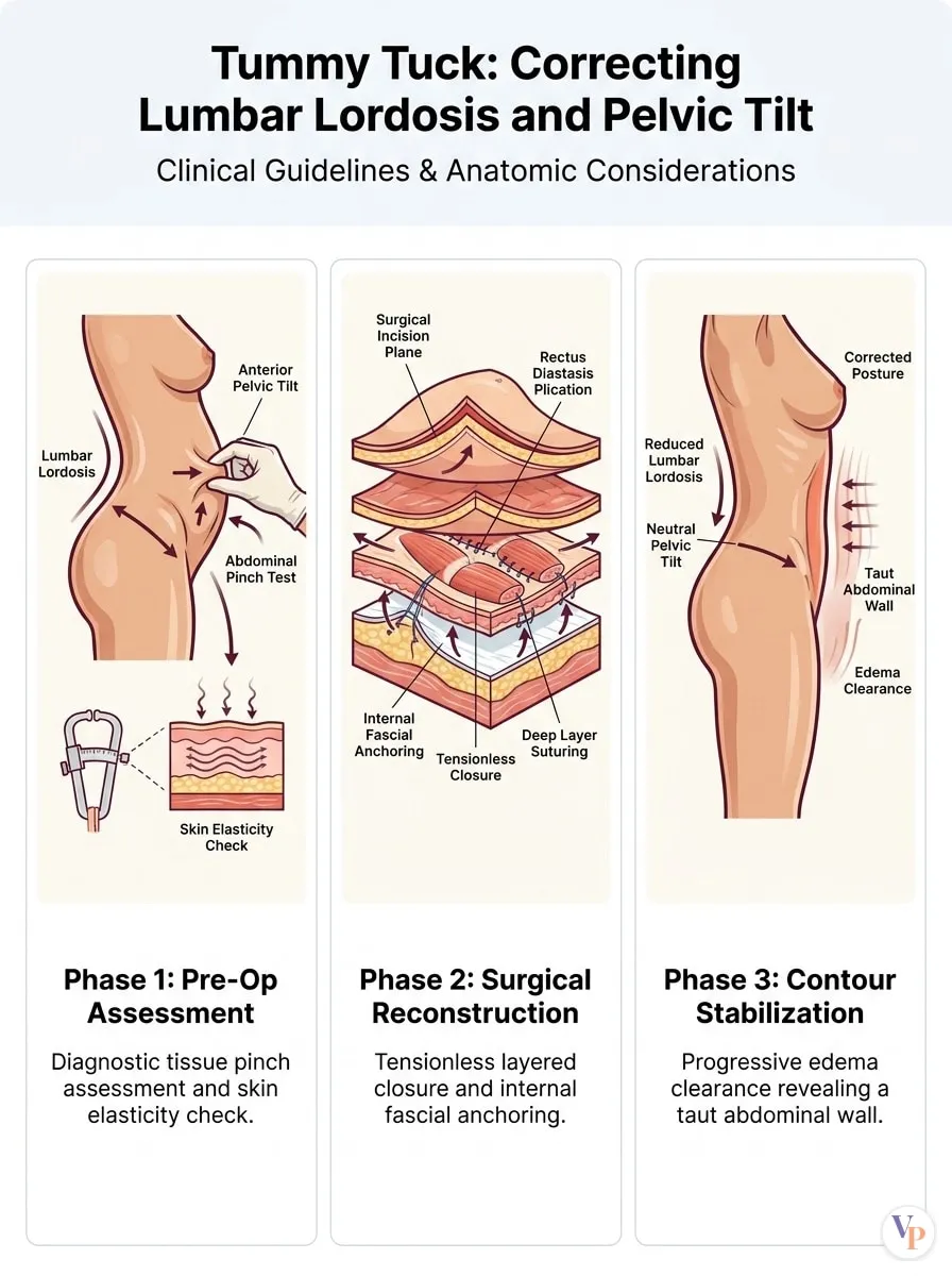 Medical schematic diagram illustrating Correcting Lumbar Lordosis and Pelvic Tilt in tummy tuck surgery by Dr. Vishal Purohit in Jaipur
