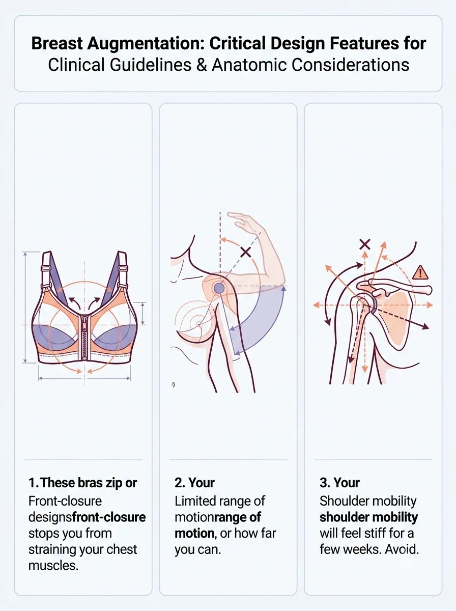 Medical schematic diagram illustrating critical design features for post-augmentation comfort in breast augmentation surgery by Dr. Vishal Purohit in Jaipur