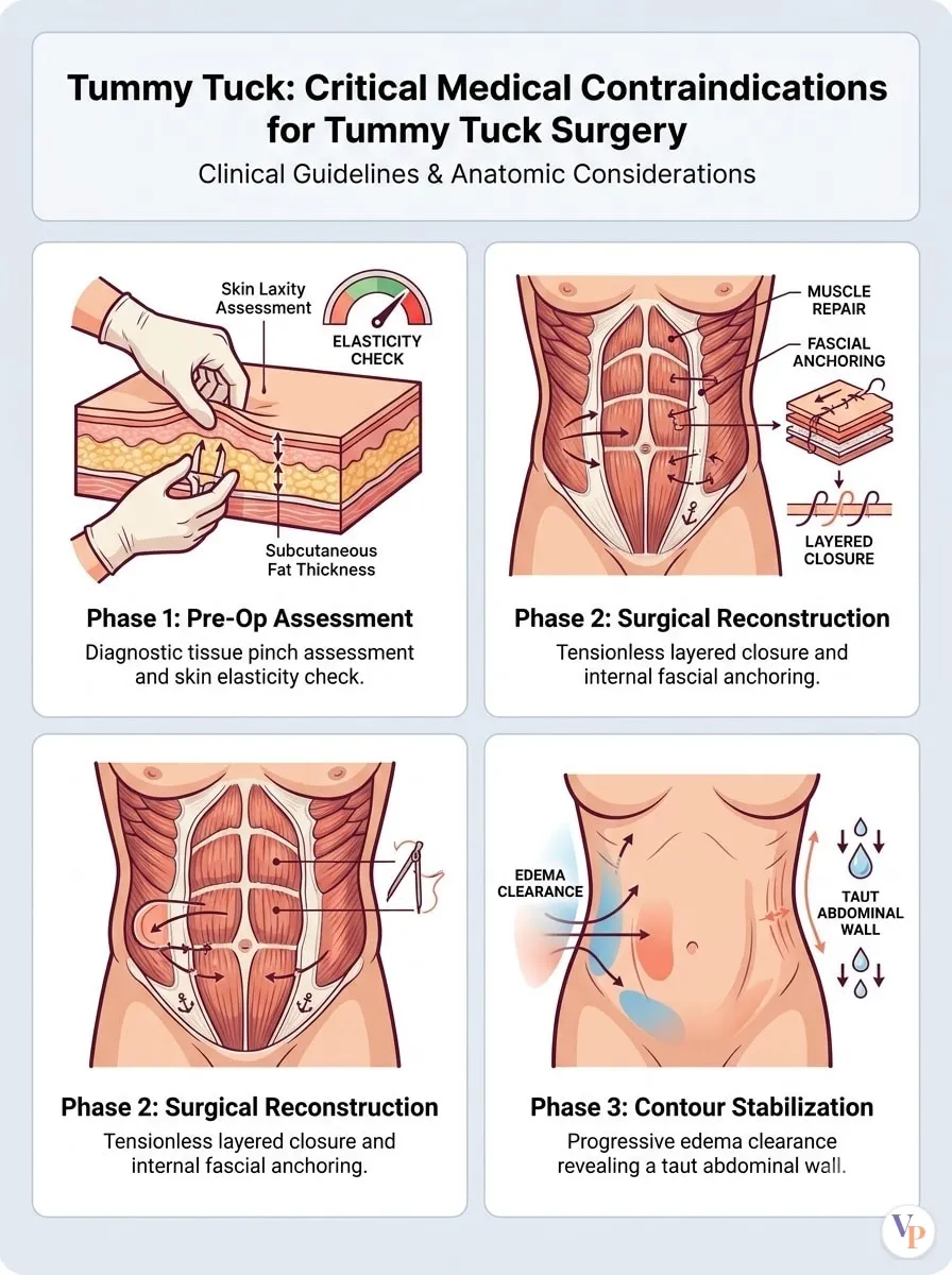 Medical schematic diagram illustrating Critical Medical Contraindications for Tummy Tuck Surgery in tummy tuck surgery by Dr. Vishal Purohit in Jaipur