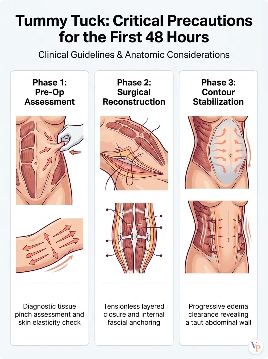 Medical schematic diagram illustrating Critical Precautions for the First 48 Hours in tummy tuck surgery by Dr. Vishal Purohit in Jaipur