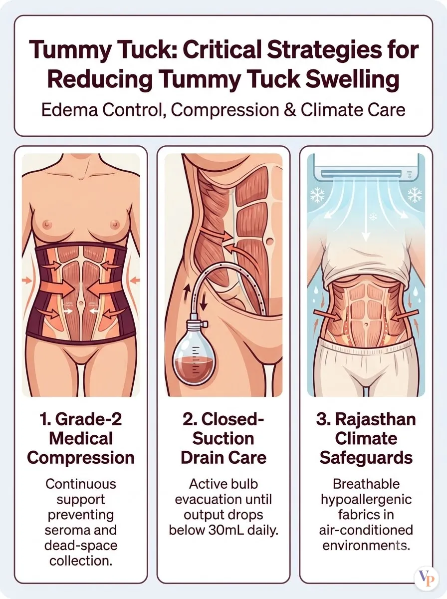 Medical schematic diagram illustrating Critical Strategies for Reducing Tummy Tuck Swelling in tummy tuck surgery by Dr. Vishal Purohit in Jaipur