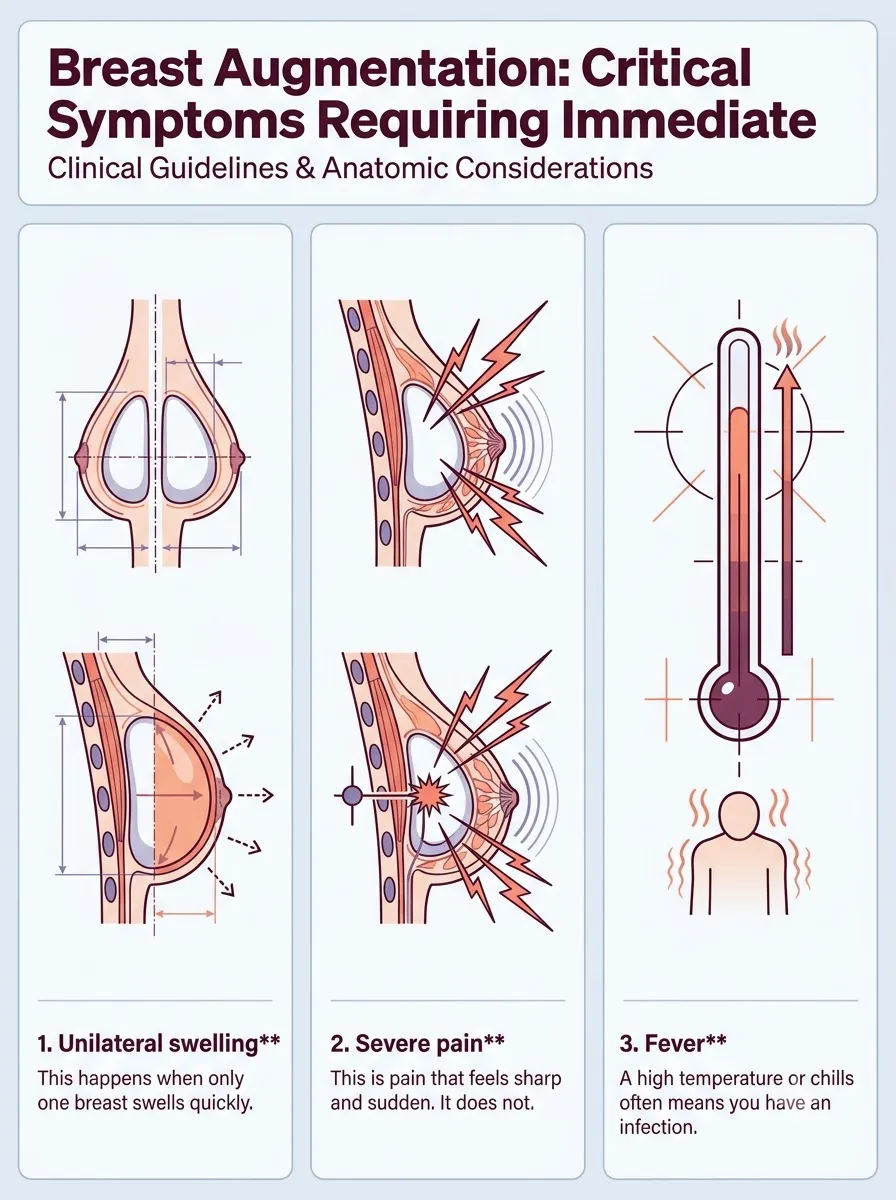 Medical schematic diagram illustrating critical symptoms requiring immediate visit to jaipur hospital in breast augmentation surgery by Dr. Vishal Purohit in Jaipur