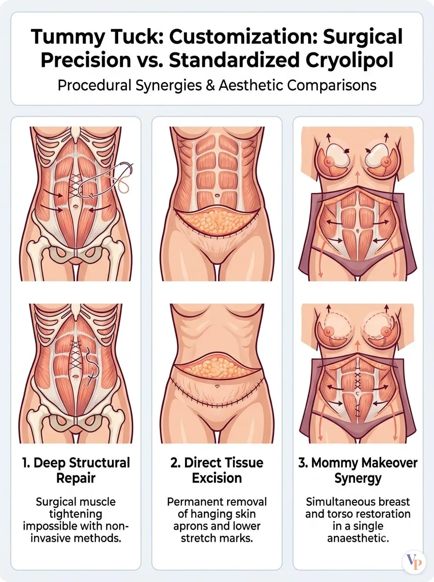 Medical schematic diagram illustrating Customization: Surgical Precision vs. Standardized Cryolipolysis in tummy tuck surgery by Dr. Vishal Purohit in Jaipur