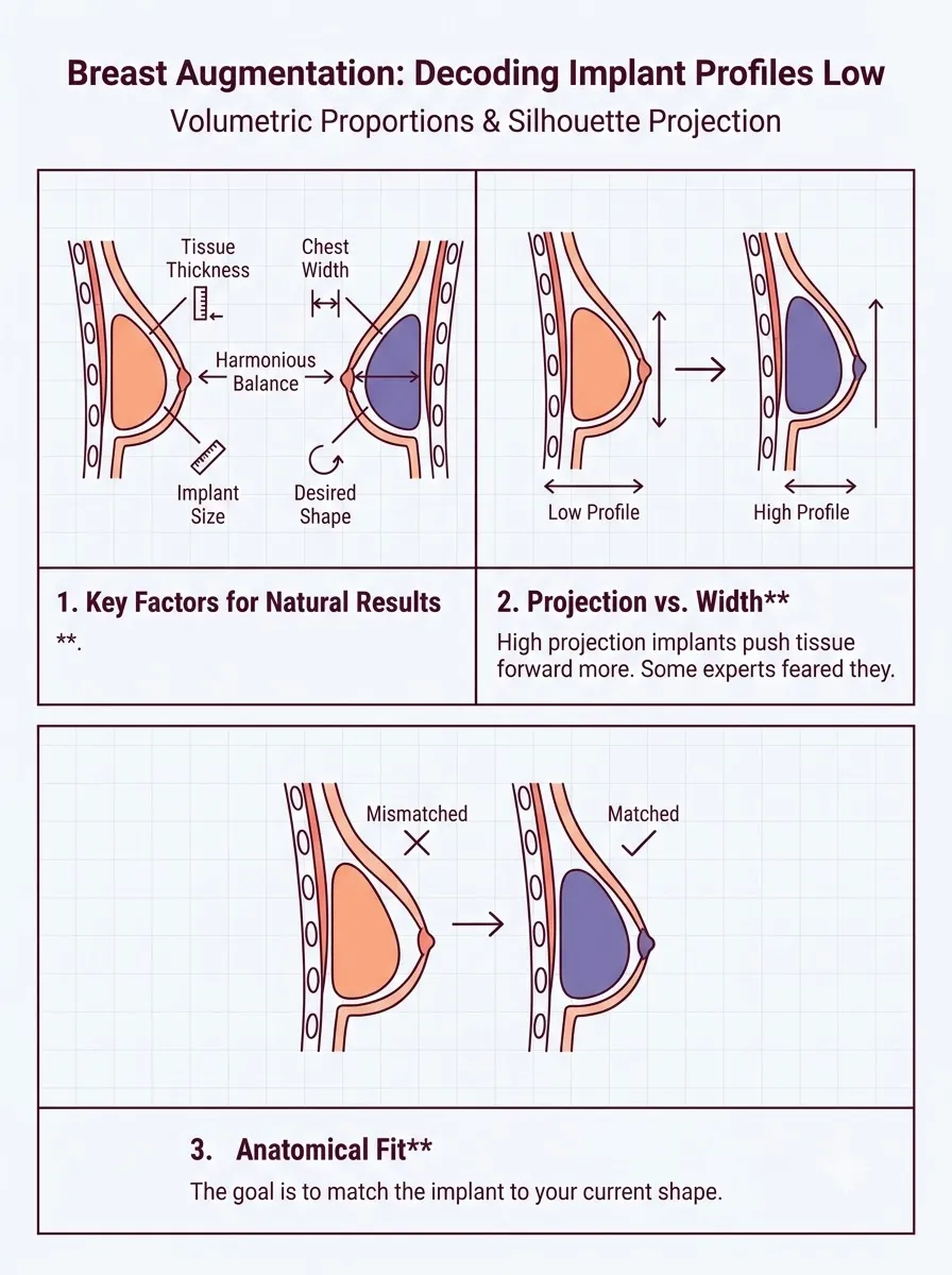 Medical schematic diagram illustrating decoding implant profiles: low, moderate, and high projection in breast augmentation surgery by Dr. Vishal Purohit in Jaipur