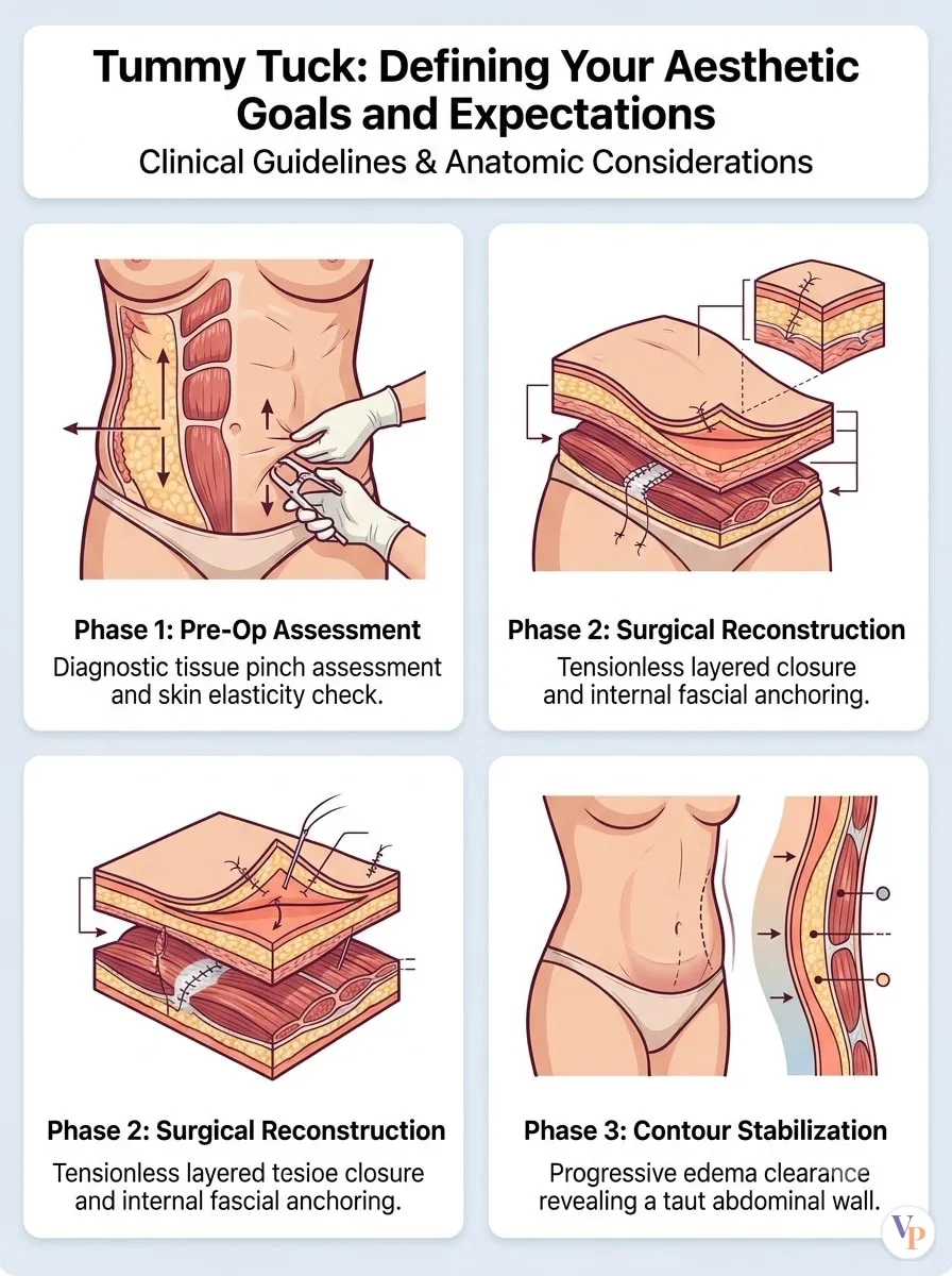 Medical schematic diagram illustrating Defining Your Aesthetic Goals and Expectations in tummy tuck surgery by Dr. Vishal Purohit in Jaipur