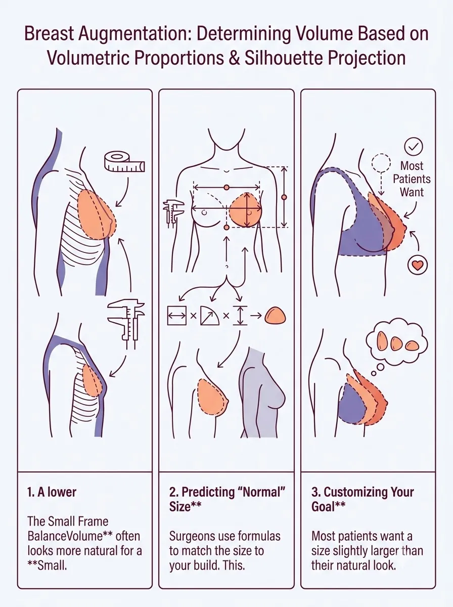 Medical schematic diagram illustrating determining volume based on frame size in breast augmentation surgery by Dr. Vishal Purohit in Jaipur
