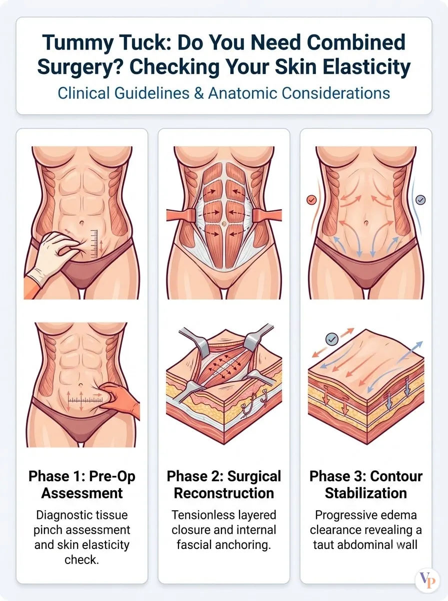 Medical schematic diagram illustrating Do You Need Combined Surgery? Checking Your Skin Elasticity in tummy tuck surgery by Dr. Vishal Purohit in Jaipur