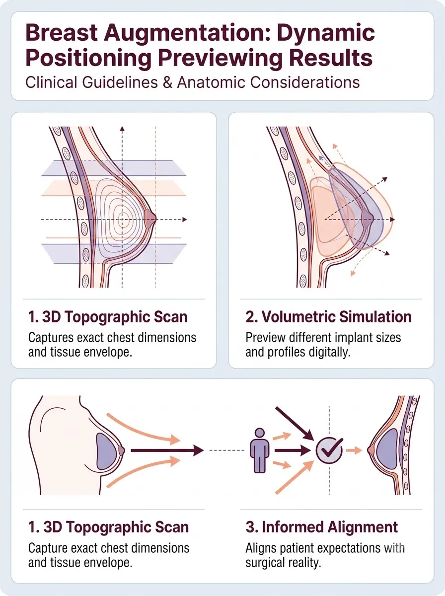 Medical schematic diagram illustrating dynamic positioning: previewing results across different postures in breast augmentation surgery by Dr. Vishal Purohit in Jaipur