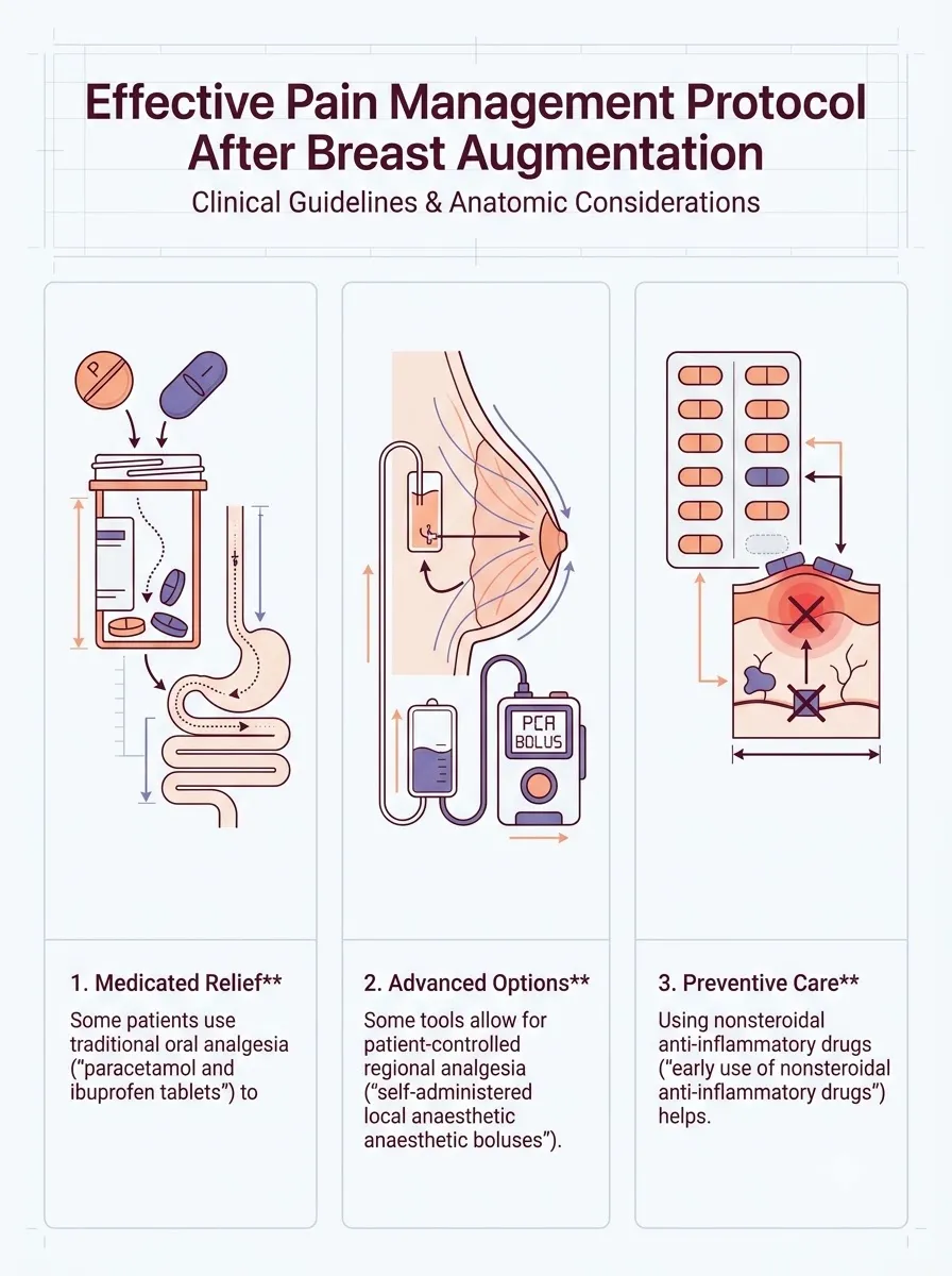 Medical schematic diagram illustrating effective pain management protocol after breast augmentation in breast augmentation surgery by Dr. Vishal Purohit in Jaipur