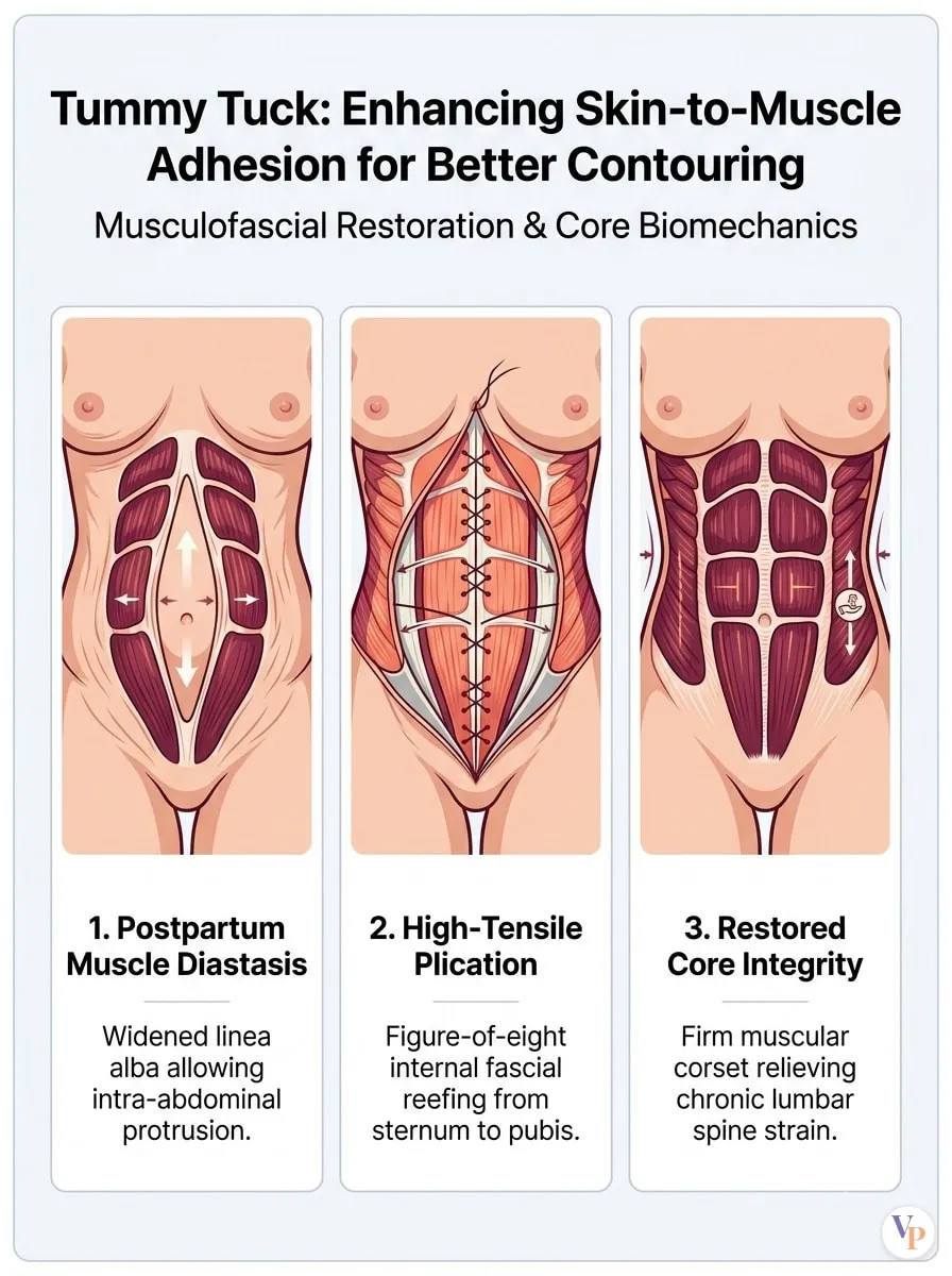 Medical schematic diagram illustrating Enhancing Skin-to-Muscle Adhesion for Better Contouring in tummy tuck surgery by Dr. Vishal Purohit in Jaipur