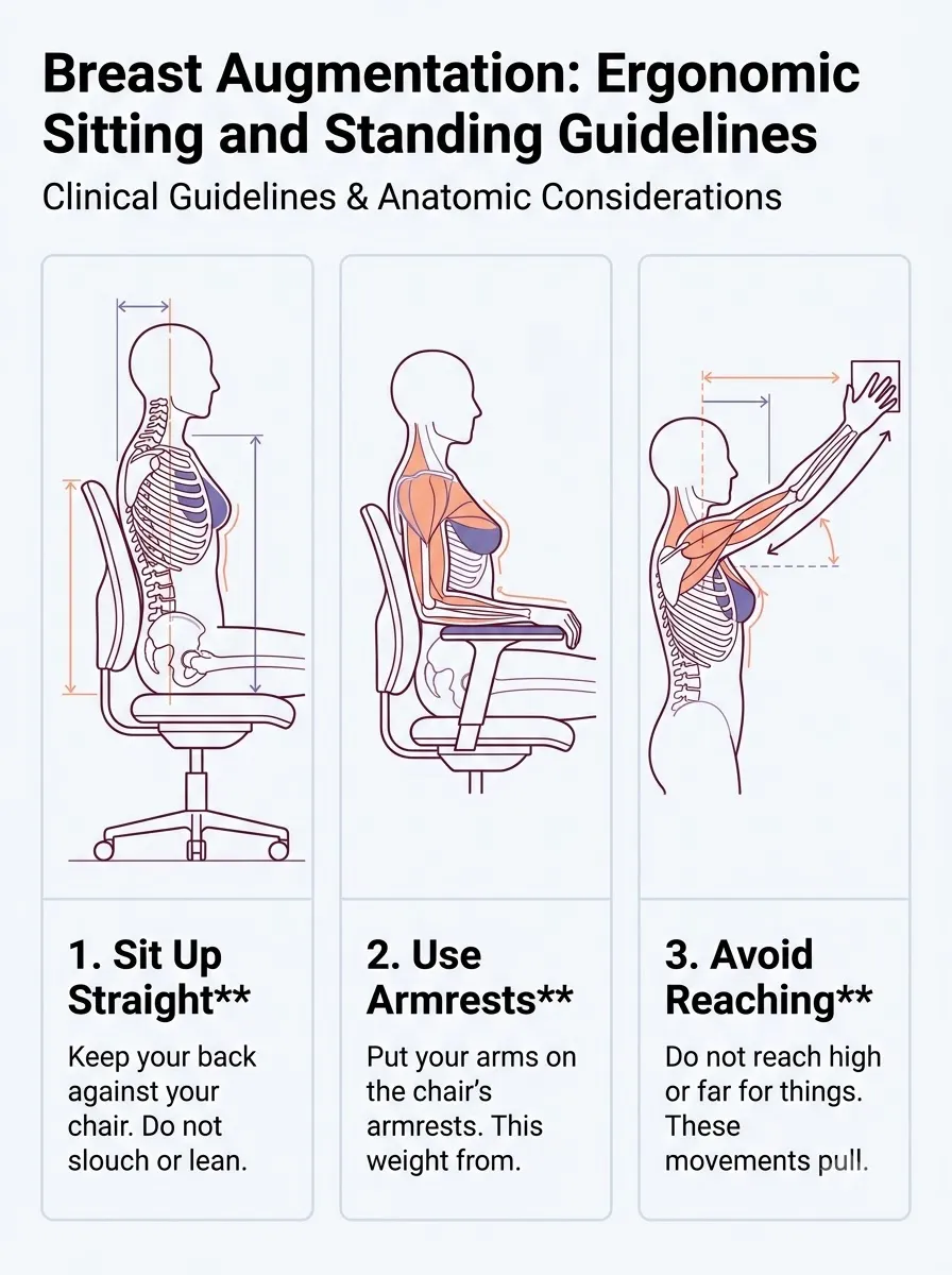 Medical schematic diagram illustrating ergonomic sitting and standing guidelines in breast augmentation surgery by Dr. Vishal Purohit in Jaipur