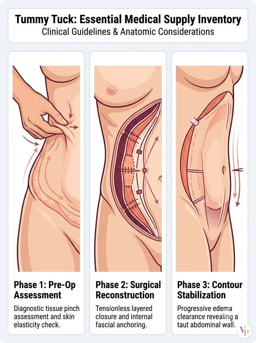 Medical schematic diagram illustrating Essential Medical Supply Inventory in tummy tuck surgery by Dr. Vishal Purohit in Jaipur