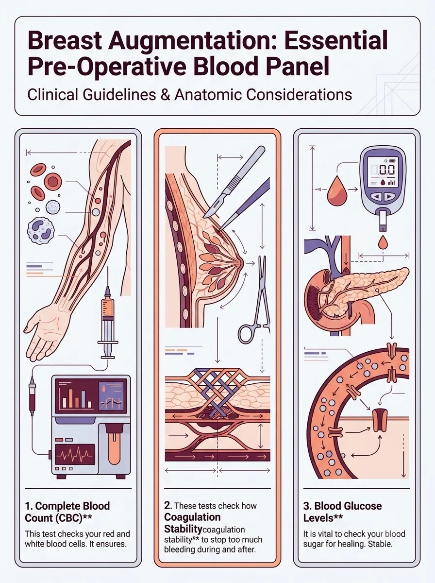 Medical schematic diagram illustrating essential pre-operative blood panel and laboratory tests in breast augmentation surgery by Dr. Vishal Purohit in Jaipur