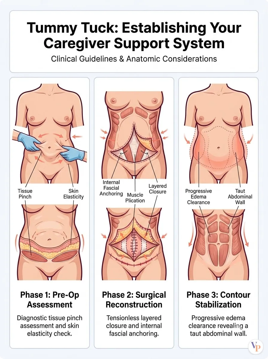 Medical schematic diagram illustrating Establishing Your Caregiver Support System in tummy tuck surgery by Dr. Vishal Purohit in Jaipur
