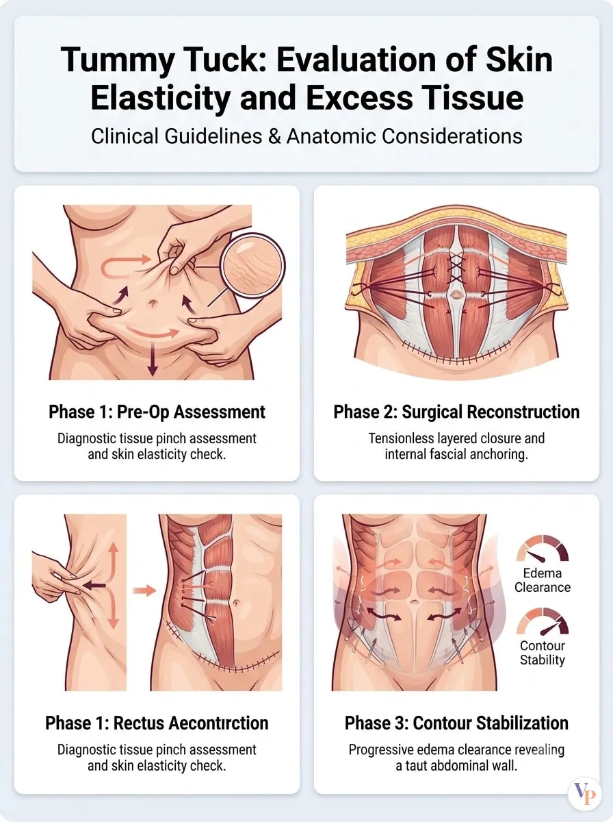Medical schematic diagram illustrating Evaluation of Skin Elasticity and Excess Tissue in tummy tuck surgery by Dr. Vishal Purohit in Jaipur