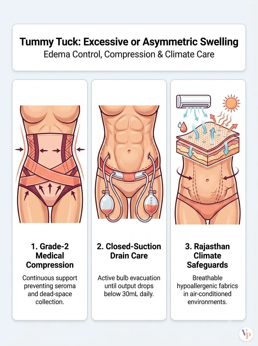 Medical schematic diagram illustrating Excessive or Asymmetric Swelling in tummy tuck surgery by Dr. Vishal Purohit in Jaipur