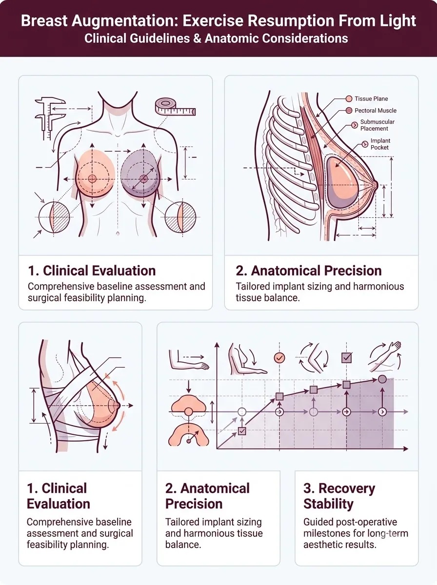 Medical schematic diagram illustrating exercise resumption: from light walking to heavy lifting in breast augmentation surgery by Dr. Vishal Purohit in Jaipur