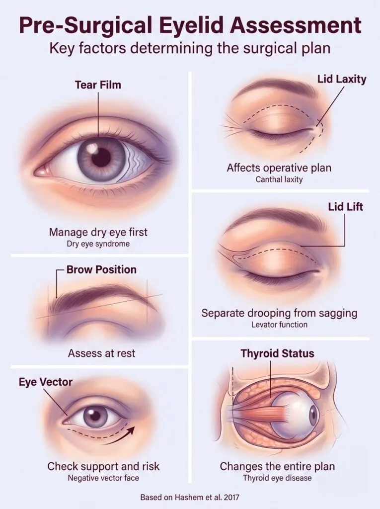 Comprehensive pre-surgical eyelid assessment guide for blepharoplasty by Dr. Vishal Purohit