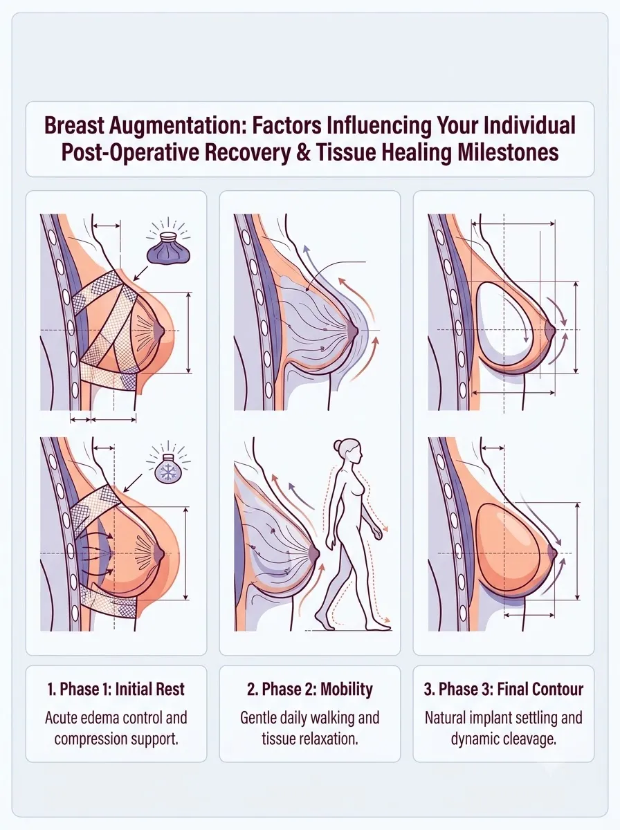 Medical schematic diagram illustrating factors influencing your individual recovery speed in breast augmentation surgery by Dr. Vishal Purohit in Jaipur