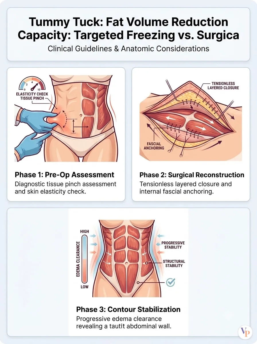 Medical schematic diagram illustrating Fat Volume Reduction Capacity: Targeted Freezing vs. Surgical Excision in tummy tuck surgery by Dr. Vishal Purohit in Jaipur