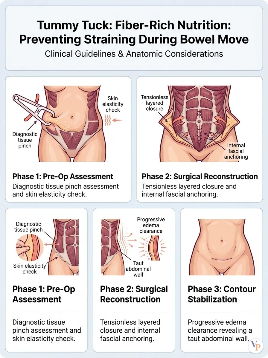 Medical schematic diagram illustrating Fiber-Rich Nutrition: Preventing Straining During Bowel Movements in tummy tuck surgery by Dr. Vishal Purohit in Jaipur
