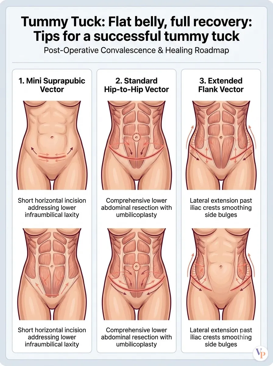 Medical schematic diagram illustrating Flat belly, full recovery: Tips for a successful tummy tuck Aftercare in tummy tuck surgery by Dr. Vishal Purohit in Jaipur