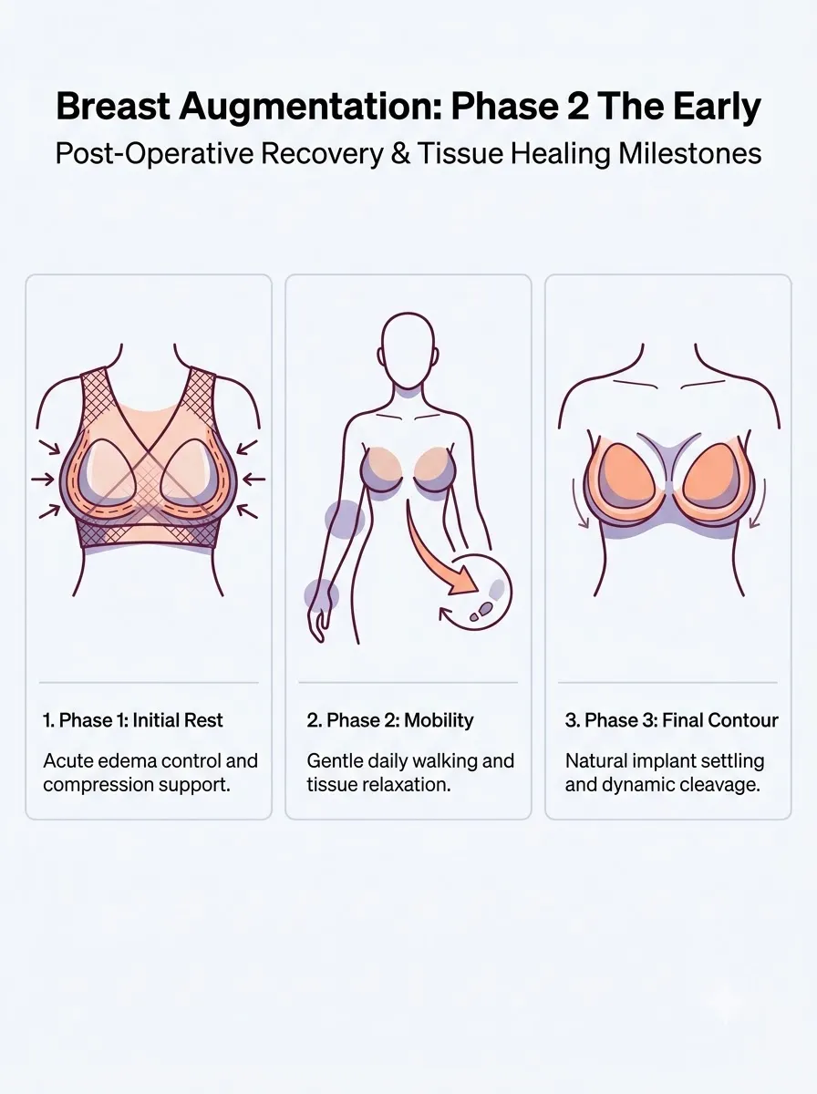 Medical schematic diagram illustrating gradual return to activity in breast augmentation surgery by Dr. Vishal Purohit in Jaipur
