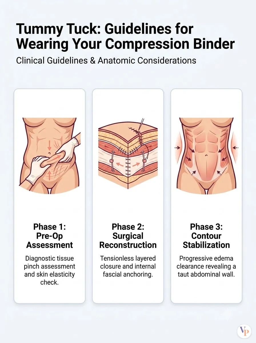 Medical schematic diagram illustrating Guidelines for Wearing Your Compression Binder in tummy tuck surgery by Dr. Vishal Purohit in Jaipur