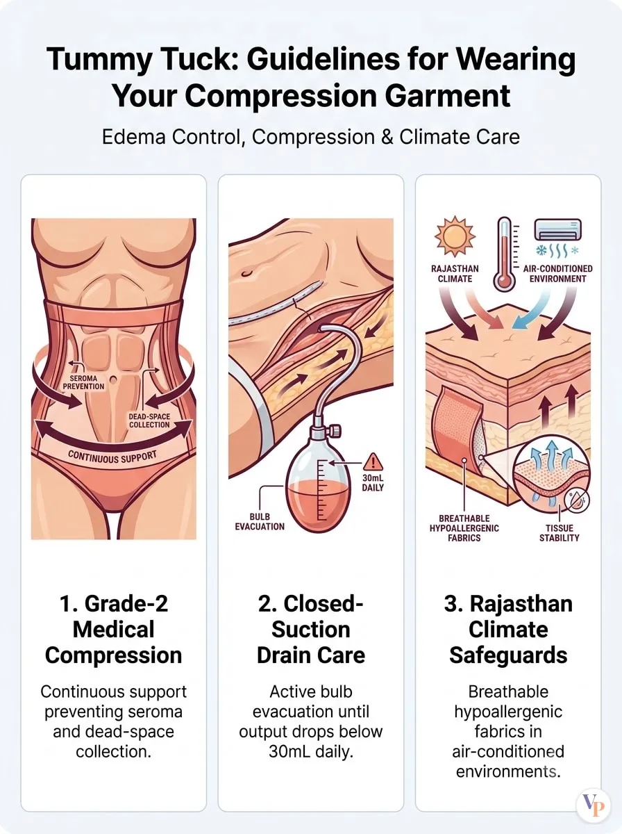 Medical schematic diagram illustrating Guidelines for Wearing Your Compression Garment in tummy tuck surgery by Dr. Vishal Purohit in Jaipur