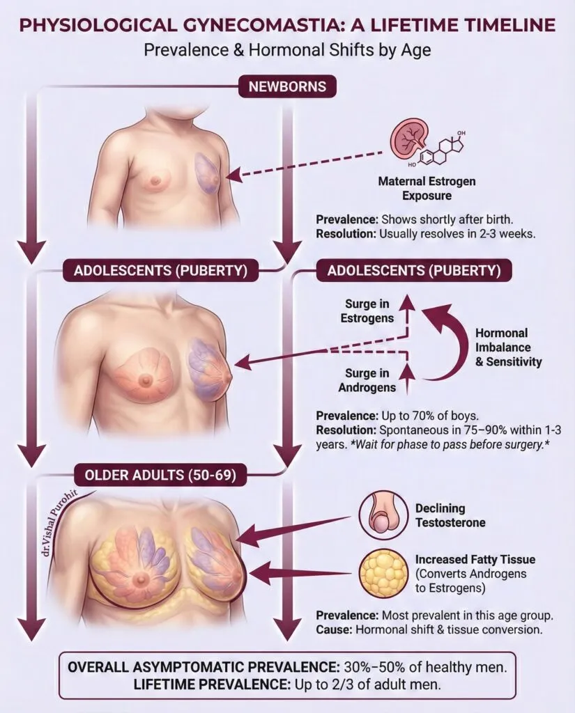 Infographic showing physiological gynecomastia timeline, causes, and prevalence in males of different ages.