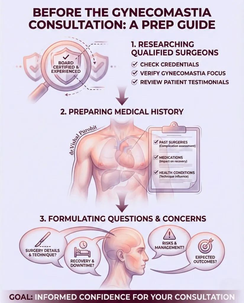 Infographic guide for male gynecomastia consultation preparation steps and questions.