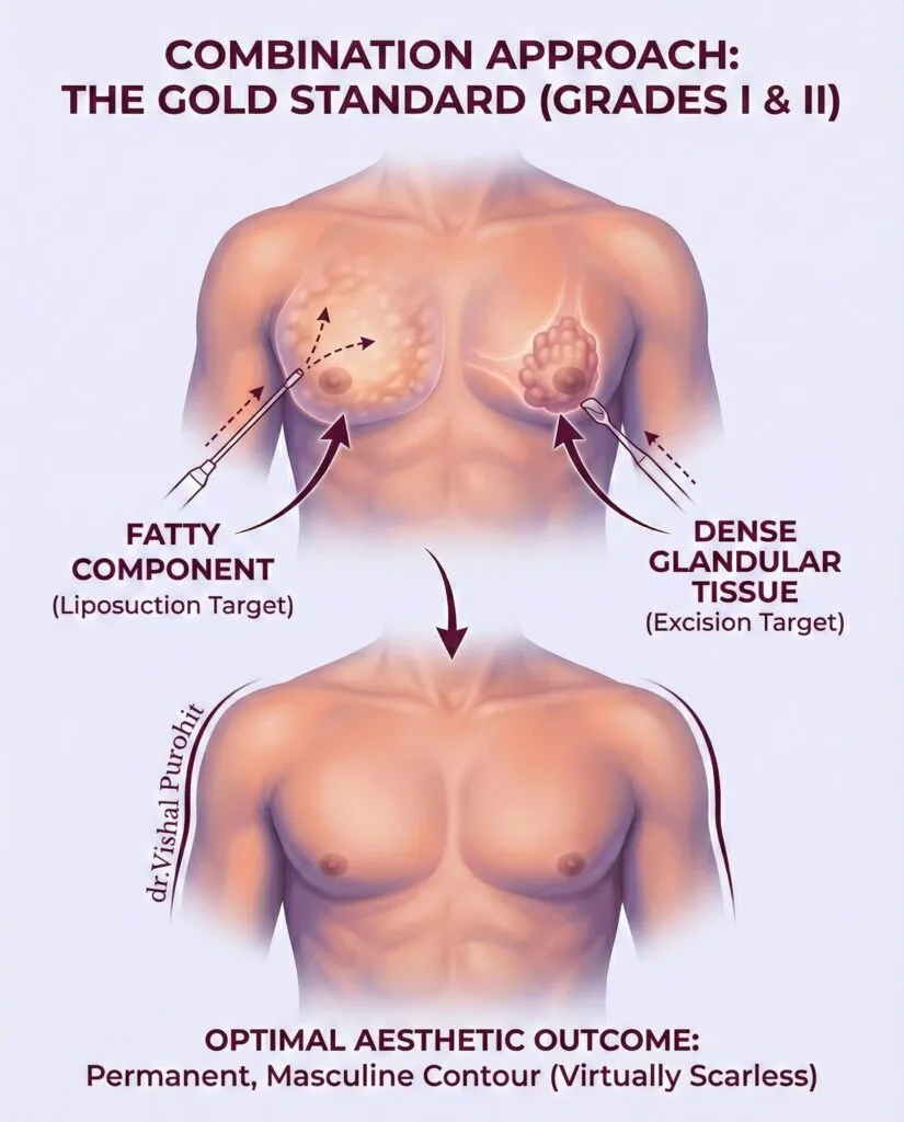 Infographic of combination gynecomastia surgery for Grades I & II in males, showing liposuction and excision targets.